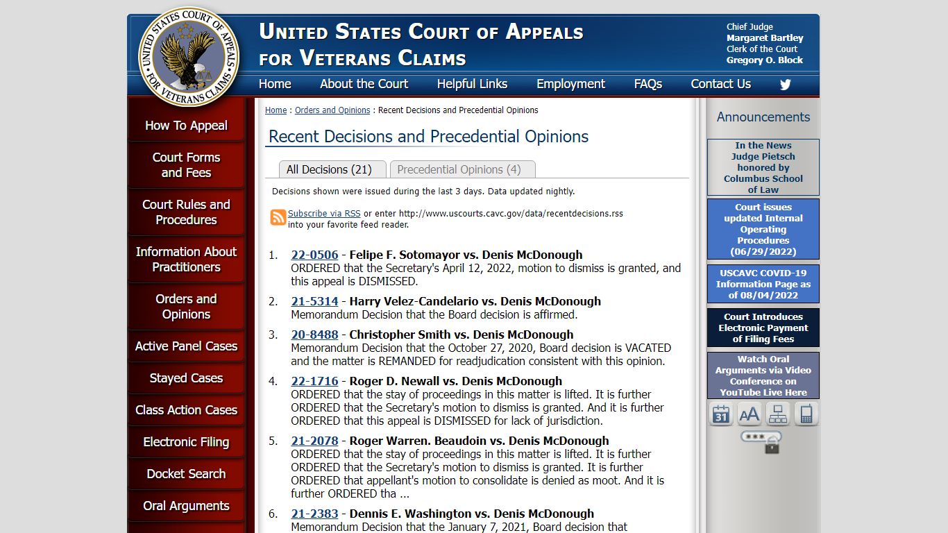 US Court of Appeals for Veterans Claims - Recent Decisions and ...